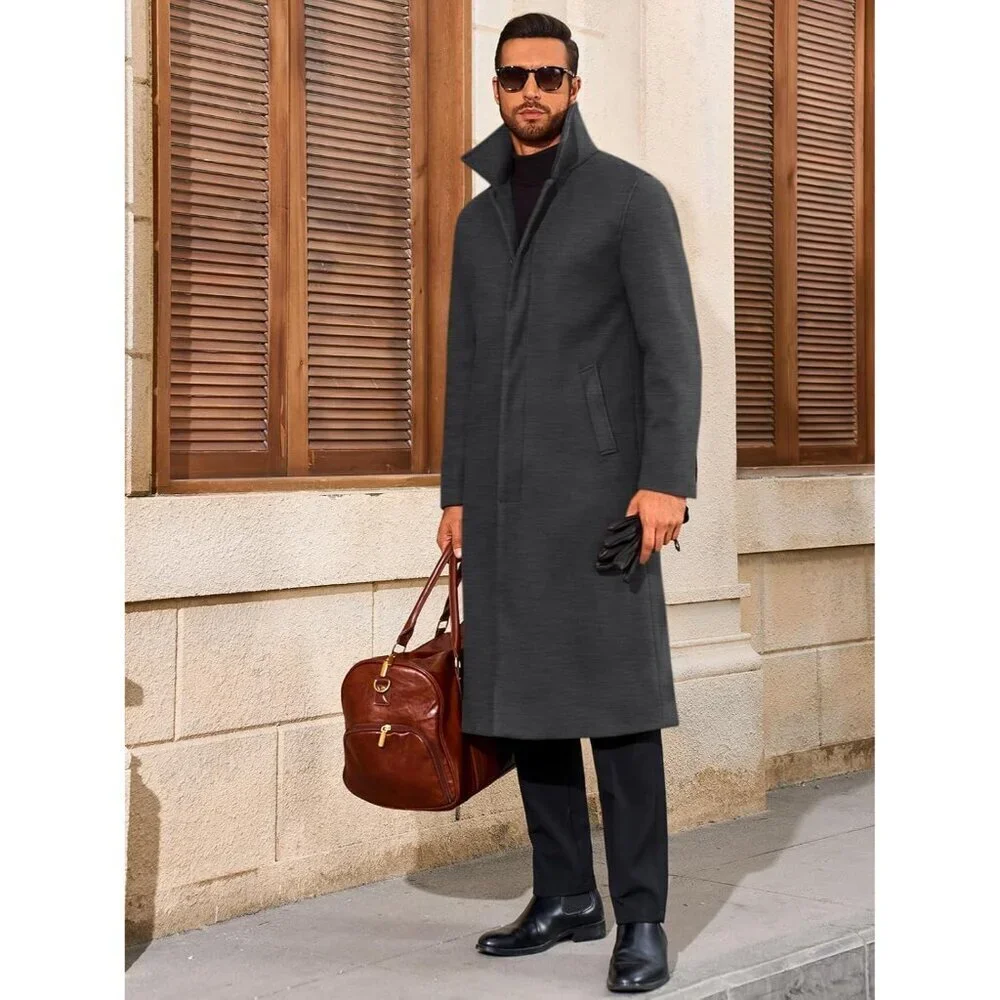 Men's Dark Grey Long Trench Coat Single Breasted Casual Winter Warm Pea Coat